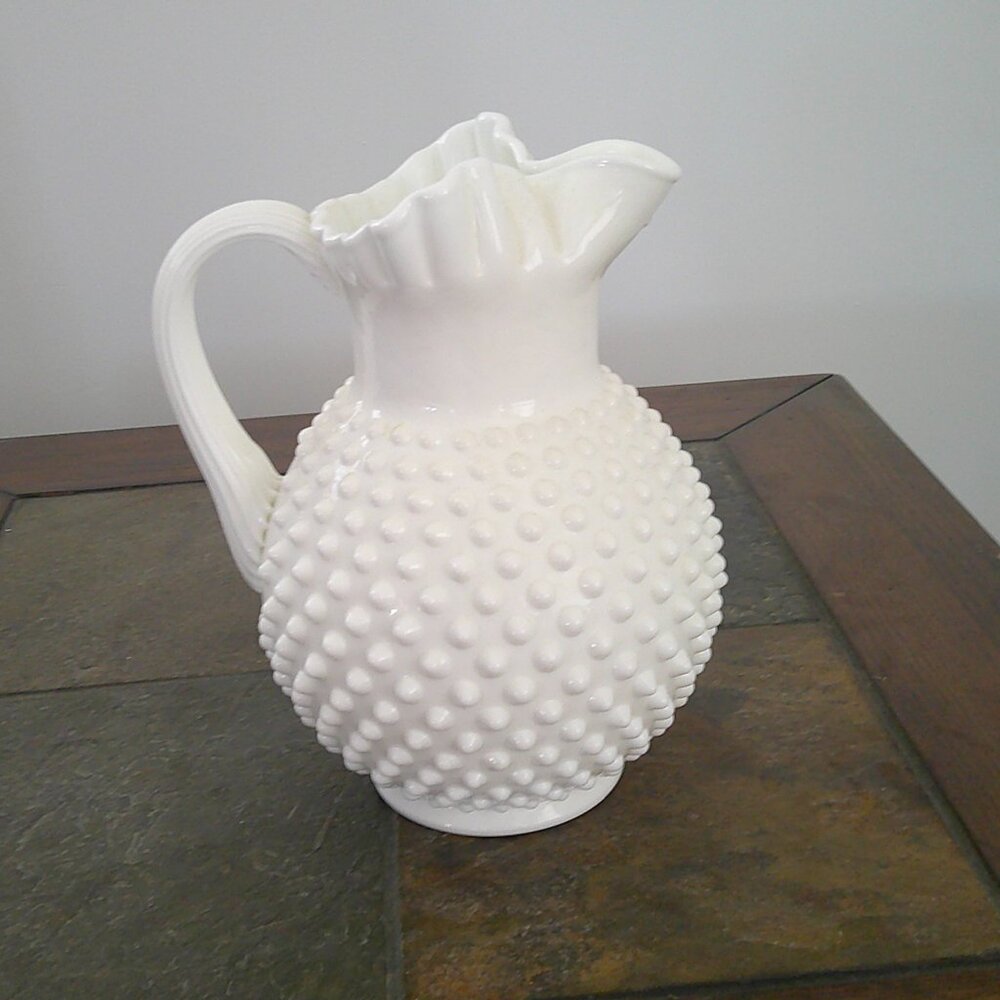Vintage Fenton Hobnail  Milk Glass Pitcher w/ Ice Lip & Ruffled Rim 9 1/2" Tall